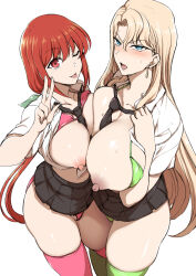 2girls aiue_oka between_breasts black_necktie black_skirt blonde_hair blue_eyes breast_press breasts breasts_out character_request colorized earrings embarrassed gold_earrings green_panties green_thighhighs half-closed_eyes hand_on_own_chest height_difference highres jewelry kurashiki_reika large_nipples long_hair looking_at_viewer low_ponytail mature_female medium_breasts miniskirt multiple_girls necktie necktie_between_breasts obata_natsumi_(saimin_seishidou) one_eye_closed open_mouth orange_hair panties ponytail red_panties red_thighhighs skirt standing tagme thighhighs tongue tongue_out topless_female underwear v white_background