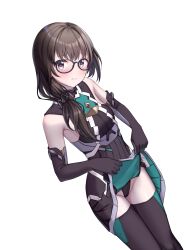 1girl alice_gear_aegis black-framed_eyewear black_panties black_scrunchie black_thighhighs blush breasts brown_eyes brown_hair clothes_lift elbow_gloves garyu_emi glasses gloves hair_ornament hair_scrunchie highres ka_(reonkat) long_hair looking_at_viewer panties ponytail scrunchie skirt skirt_lift solo thighhighs underwear