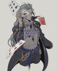 1boy artist_name ascot blue_ascot card closed_mouth cropped_legs dated facial_scar final_fantasy final_fantasy_vi gold_trim grey_background grey_hair grey_jacket grey_pants hand_on_own_hip holding holding_card jacket long_hair male_focus multiple_scars one_eye_covered pants sash scar scar_on_cheek scar_on_chin scar_on_face scar_on_forehead setzer_gabbiani sharp_na_ago shirt solo twitter_username waist_sash watermark wavy_hair white_shirt