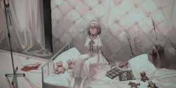 1girl bed black_ribbon blood blue_eyes breasts brown_hair chihuri collarbone commentary_request dress female_focus gloves glowing glowing_eyes hair_between_eyes hairband highres hospital_bed juliet_sleeves knees_up long_hair long_sleeves looking_at_viewer medium_breasts neck_ribbon on_bed original pantyhose parted_lips pillow puffy_sleeves renata_alekseevna_tsvetaeva ribbon sitting sleeves_past_wrists solo stuffed_animal stuffed_toy teddy_bear very_long_hair white_dress white_gloves white_hairband white_pantyhose wide_sleeves x-ray_film