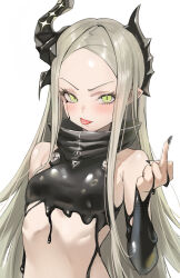 1girl black_horns black_liquid black_nails censored forehead goddess_of_victory:_nikke green_eyes green_hair highres horns jindogod leviathan_(nikke) liquid_clothes middle_finger mosaic_censoring piercing simple_background solo tongue_piercing upper_body white_background