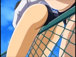 Rule 34 | 2girls, ai shimai, ai shimai: futari no kajitsu, animated, animated gif, ass, ass focus, black hair, blue buruma, buruma, chain-link fence, crotch rub, female masturbation, fence, gluteal fold, kitazawa rumi, looping animation, masturbation, masturbation through clothes, multiple girls, okamoto yumi, outdoors, public indecency, pussy juice, pussy juice trail, sky