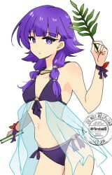 1girl bikini book breasts closed_mouth cowboy_shot fire_emblem fire_emblem:_the_sacred_stones fire_emblem_heroes holding holding_book looking_at_viewer lute_(fire_emblem) lute_(summer)_(fire_emblem) nintendo purple_bikini purple_eyes purple_hair small_breasts solo swimsuit twintails white_background yukia_(firstaid0)