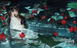 2boys adam&#039;s_apple black_hanfu black_hat bridge brown_hair chinese_clothes chu_wanning closed_eyes closed_mouth erha_he_tadebai_mao_shizun flower guan_hat half_updo hand_on_another&#039;s_chest hand_on_another&#039;s_neck hanfu hat high_ponytail highres kiss lisa_buijteweg long_sleeves lotus lotus_leaf male_focus mian_guan mo_ran multiple_boys official_art partially_submerged ponytail rain red_flower ripples taxian-jun water white_hanfu wide_sleeves xiao_guan_(headdress) yaoi