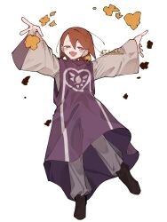 1other asriel_dreemurr asriel_dreemurr_(cosplay) black_shoes brown_hair chara_(undertale) cosplay full_body half-closed_eyes heart heart_necklace jewelry long_sleeves mei_(tuboishi) necklace open_mouth other_focus outstretched_arms pants purple_vest red_eyes shoes simple_background smile solo undertale vest white_background white_pants white_sleeves