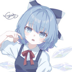 1girl :o blue_bow blue_dress blue_eyes blue_hair blush bow breasts cirno collared_shirt commentary detached_wings dress hair_bow hand_up ice ice_wings looking_at_viewer medium_hair neck_ribbon open_mouth pinafore_dress puffy_short_sleeves puffy_sleeves red_ribbon ribbon shirt short_sleeves signature simple_background sleeveless sleeveless_dress small_breasts solo sweatdrop touhou upper_body white_background white_shirt wings yunagi_(arukumaruta)