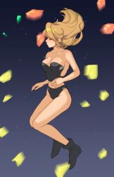1girl armor artist_name back_cutout black_boots black_panties blonde_hair blue_background boots breasts broken_armor closed_eyes clothing_cutout collarbone commentary crop_top defeat english_commentary exploding_clothes floating floating_hair full_body game_over gradient_background metroid midriff nintendo oxcoxa panties samus_aran scene_reference solo super_metroid underwear