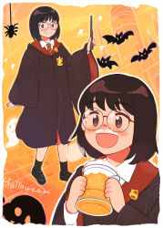 1girl aragon_honnin bat_(animal) black_footwear black_hair blush border bug collared_shirt foam_mustache freckles full_body ghost glasses gryffindor halloween halloween_costume harry_potter_(series) highres hogwarts_school_uniform holding holding_wand jack-o&#039;-lantern jimiko multiple_views necktie open_mouth original outline photoshop_(medium) school_uniform shirt short_hair smile socks sparkle spider standing striped_necktie upper_body wand white_outline wide_sleeves wizarding_world