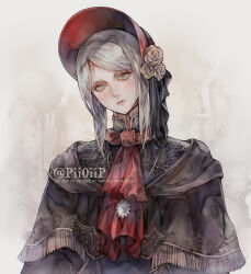 1girl artist_name ascot bloodborne bonnet brown_capelet capelet closed_mouth expressionless eyelashes grey_eyes grey_hair head_tilt highres long_hair looking_at_viewer pii0iip plain_doll red_ascot red_bonnet solo upper_body watermark
