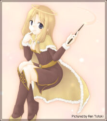 1girl 2000s_(style) blonde_hair blue_eyes boots brown_boots brown_cape brown_dress cape closed_mouth dress full_body fur-trimmed_cape fur_trim halo holding holding_wand invisible_chair long_hair looking_at_viewer lowres pink_background ragnarok_online ren_(totoki) sitting smile solo traditional_halo wand wizard_(ragnarok_online)