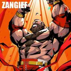 Rule 34 | 1boy, abs, armband, beard, belt, bracelet, brown hair, character name, chest hair, clenched hands, commentary request, confetti, cowboy shot, facial hair, flexing, grin, highres, jewelry, kumo33, looking up, male focus, mohawk, muscular, muscular male, pectorals, red armband, red ribbon, ribbon, smile, solo, street fighter, street fighter 6, teeth, veins, veiny arms, wrestling outfit, yellow belt, zangief