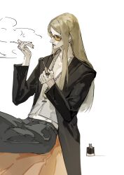 1boy black_coat black_pants cigarette coat fate/grand_order fate_(series) highres jewelry long_hair necklace pants siyemmm smoking solo sunglasses tezcatlipoca_(fate)