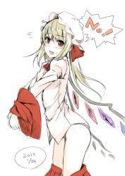 1girl blonde_hair blush dated female_focus flandre_scarlet hat no panties red_eyes sketch solo touhou unasaka_ryou underwear undressing white_background wings