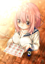 1girl 1other blue_eyes blue_sailor_collar breasts closed_mouth commentary dated dot_mouth dot_nose from_above highres hogerarara holding ink_stamp_sheet large_breasts long_hair long_sleeves michinoku_komaro no_dickey oppai_loli pink_hair sailor_collar school_uniform seitokai_ni_mo_ana_wa_aru! serafuku shirt shoes solo_focus uwabaki white_shirt wooden_floor