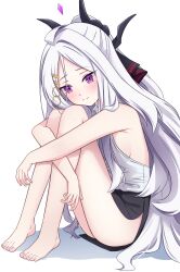 1girl absurdres bare_arms bare_legs bare_shoulders barefoot blue_archive blush breasts closed_mouth feet forehead full_body highres hina_(blue_archive) horns hugging_own_legs long_hair looking_at_viewer parted_bangs purple_eyes sideboob simple_background sitting solo thighs toes very_long_hair white_background white_hair yamamoto_no_yama