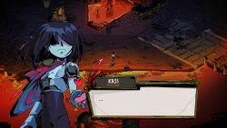 ... 1other :| androgynous armor blue_hair blue_skin breastplate cape character_name closed_mouth colored_skin covered_eyes cowboy_shot deltarune dialogue_box facing_viewer fake_screenshot gauntlets hades_(series) hades_1 heart highres kris_(dark_world)_(deltarune) kris_(deltarune) lava other_focus pink_cape shaded_face short_hair solo_focus standing supsross zagreus_(hades)