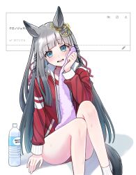 1girl alternate_costume animal_ears blue_eyes blush bottle chrono_genesis_(umamusume) commentary_request grey_hair hair_between_eyes hair_ornament highres hime_cut horse_ears horse_girl jacket long_hair looking_at_viewer siinapurin sitting solo sweat thighs towel track_jacket translation_request umamusume water_bottle white_background