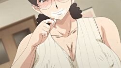 1girl 2020 20s animated animated_gif breasts cum cum_in_mouth cumdrip curly_hair glasses hitozuma_mitsu_to_niku housewife large_breasts mature_female nipple_stimulation_through_clothes obasan_(hitozuma_mitsu_to_niku) ponytail queen_bee_(animation_studio) tagme vest