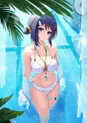 1girl absurdres aoi_tooru arknights bare_shoulders bikini black_hair blue_eyes breasts cleavage commentary_request feather_hair hair_bun hair_ornament highres id_card jacket la_pluma_(arknights) la_pluma_(summer_flowers)_(arknights) large_breasts looking_at_viewer navel off_shoulder official_alternate_costume open_clothes open_jacket partially_submerged single_side_bun solo swimsuit thigh_strap white_bikini white_jacket wing_hair_ornament
