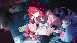 1girl absurdres arm_rest bag_of_chips bangboo_(zenless_zone_zero) black_sailor_collar blunt_bangs blush bow bowtie braid braided_twintails can cardigan chest_bow chips_(food) choker closed_mouth commentary controller drink_can elbow_rest english_commentary food game_controller gamepad green_eyes hair_ribbon hand_on_own_cheek hand_on_own_face handheld_game_console head_on_hand head_rest hearing_aid highres indoors kamanosuke_(zenless_zone_zero) long_hair long_sleeves lying miss_esme_(zenless_zone_zero) nintendo_switch on_stomach pink_cardigan potato_chips raccoon red_hair ribbon sailor_collar skirt snack soda_bottle soda_can solo sphere_hair_ornament striped_clothes striped_thighhighs thighhighs tochigi_1990 twintails ukinami_yuzuha very_long_hair watching_television white_bow white_bowtie zenless_zone_zero