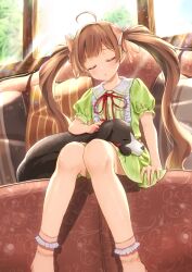 1girl absurdres ahoge animal border_collie brown_hair closed_eyes commentary_request couch dog dress green_dress hair_ribbon hakozaki_serika highres idolmaster idolmaster_million_live! junior_(idolmaster) lap_pillow light_rays long_hair pet pillow puffy_short_sleeves puffy_sleeves ribbon shiraha_(shiraha_0129) short_dress short_sleeves sitting sleeping socks sunlight twintails very_long_hair window