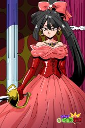 absurdres bare_shoulders black_hair bow collarbone copyright_logo corset curtains dress earrings gloves hair_bow high_ponytail highres holding holding_sword holding_weapon igami_ichika jewelry long_hair looking_at_viewer necklace ponytail red_corset red_dress red_eyes red_gloves strapless strapless_dress susume!_ashitabara_gakuen sword v-shaped_eyebrows wanta_(futoshi) weapon