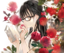 1girl biblia_koshodou_no_jikentechou black-framed_eyewear black_hair blurry blurry_background blurry_foreground book brown_eyes choppy_bangs commentary_request depth_of_field finger_to_mouth fingernails flower glasses hair_behind_ear half_updo hands_up holding holding_book long_hair looking_at_viewer niwa_haruki official_art open_book red_flower red_rose rose shirt short_sleeves sideways_glance simple_background solo straight_hair upper_body white_background white_shirt