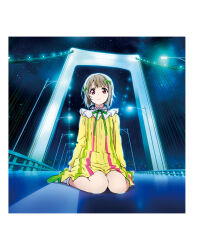 1girl artbook asymmetrical_hair bob_cut bow dress green_bow green_ribbon grey_hair hair_bow hair_ornament highres huge_bow long_sleeves love_live! love_live!_nijigasaki_high_school_idol_club mutekikyuu_believer nakasu_kasumi night night_sky non-web_source official_art pink_eyes ribbon short_hair sitting sky socks solo star_(sky) striped_clothes striped_dress vertical-striped_clothes vertical-striped_dress wariza yellow_dress