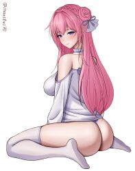 Rule 34 | 1girl, absurdres, ass, bare shoulders, breasts, dorothy (nikke), full body, goddess of victory: nikke, hair bun, hair ribbon, highres, large breasts, long hair, looking at viewer, makslus70, no shoes, pink hair, purple eyes, ribbon, simple background, sitting, soles, solo, thighhighs, thighs, very long hair, wariza, white background, white thighhighs