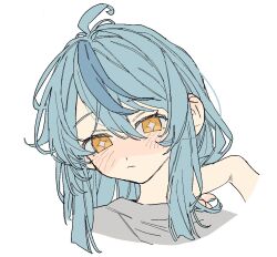 1girl ahoge aqua_hair aqua_nails blue_hair blue_streaks closed_mouth cropped_torso dayama fingernails grey_shirt half-closed_eyes hand_up looking_at_viewer multicolored_hair nijisanji shirt simple_background solo sparkling_eyes tamanoi_nana two-tone_hair upper_body virtual_youtuber white_background yellow_eyes