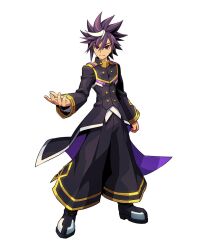 1boy azure_striker_gunvolt azure_striker_gunvolt_1 black_coat black_pants coat full_body highres male_focus official_art pants purple_hair shiden_(gunvolt) short_hair simple_background solo spiked_hair white_background white_hair