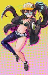 asymmetrical_clothes belt_collar bikini bikini_top_only black_hair blue_eyes collar counter-strike_(series) d0tstep glasses hat highres jacket long_hair minecraft original ponytail quake_(series) single_pantsleg swimsuit team_fortress_2