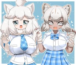 Rule 34 | 2girls, :d, animal ear fluff, animal ears, blue background, blue bow, blue bowtie, blue eyes, blue necktie, blue skirt, blush, bow, bowtie, breasts, commentary request, cowboy shot, dark-skinned female, dark skin, elbow gloves, fang, fingerless gloves, gloves, grey eyes, grey hair, kemono friends, kemono friends 3, large breasts, lets0020, lion ears, lion girl, long hair, looking at viewer, multiple girls, necktie, open mouth, plaid bow, plaid bowtie, plaid clothes, plaid necktie, plaid skirt, shirt, skin fang, skirt, smile, transvaal lion (kemono friends), white gloves, white hair, white lion (kemono friends), white shirt