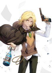 Rule 34 | 1boy, argyle clothes, argyle sweater vest, between fingers, blonde hair, bottle, brown jacket, bungou to alchemist, collared shirt, cowboy shot, curtained hair, flying paper, green necktie, green pants, gun, hand up, handgun, holding, holding bottle, holding gun, holding weapon, jacket, long sleeves, looking at viewer, low ponytail, male focus, myagarin, nakahara chuuya (bungou to alchemist), necktie, open collar, pants, paper, parted bangs, parted lips, ponytail, red eyes, sake bottle, shirt, short ponytail, sideways glance, smile, solo, standing, sweater vest, untucked shirt, v-shaped eyebrows, wallet chain, weapon, white background, white shirt, yellow jacket, yellow sweater vest
