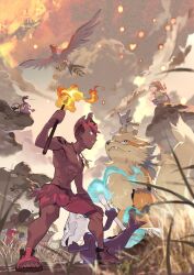2boys alolan_form alolan_marowak arcanine cloud cubone dark-skinned_male dark_skin e_volution fire from_below gen_1_pokemon gen_2_pokemon gen_4_pokemon gen_6_pokemon gen_7_pokemon happiny highres hiker_(pokemon) holding holding_torch jewelry kangaskhan kiawe_(pokemon) knees magby male_focus multiple_boys necklace nintendo outdoors pokemon pokemon_(creature) pokemon_sm red_shorts salandit salazzle sandals shorts sky standing talonflame toes topless_male torch watermark
