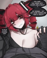1girl ace_glitch ahoge black_choker black_nails black_sweater blush breasts choker cleavage clenched_teeth collarbone commentary constricted_pupils double-parted_bangs drill_hair english_commentary english_text hair_between_eyes heart heart_choker highres holding_hands kasane_teto large_breasts long_hair long_sleeves looking_to_the_side pearto pov red_eyes red_hair single_bare_shoulder speech_bubble sweater teeth twin_drills utau