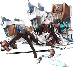 1girl black_hair cane closed_mouth coat crossover danganronpa:_trigger_happy_havoc danganronpa_(series) dress eyebrows eyelashes female_focus formal_clothes frown full_body hand_up hime_cut hope&#039;s_peak_academy humanization jacket kibogamine_gakuen leggings looking_at_viewer multicolored_hair necktie official_art one_shoe one_shoe_removed oshiro_project:re purple_eyes shoes simple_background sitting solo solo_focus suit torn_clothes torn_jacket torn_leggings torn_suit transparent_background unworn_shoes white_coat white_dress white_hair