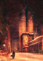 1920s_(style) 1girl architecture black_coat brown_sky building city_lights cityscape coat commentary detroit english_commentary fur_trim hat light_particles long_coat night night_sky orange_theme original outdoors pillar road scenery sky skyscraper snow snowing solo standing street walking wide_shot winter yellow_light zandra