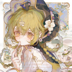 1girl beads black_bonnet blue_sky bonnet border braid bug butterfly chinese_commentary closed_mouth cloud commentary_request commission crescent crossed_bangs cup earrings expressionless eyelashes floating_hair flower flower_earrings frilled_vest frills green_eyes green_hair hair_between_eyes hair_through_headwear hat hat_flower holding holding_spoon insect jewelry juliet_sleeves light_blush light_frown light_particles lips long_hair long_sleeves multiple_braids object_to_mouth original outdoors outside_border pink_lips puffy_sleeves rainbow sample_watermark shirt sky solo spoon teacup teapot too_many_watermarks upper_body very_long_hair vest watermark weibo_watermark white_border white_flower white_shirt xi_guapi yellow_vest