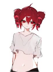 1girl ahoge arms_behind_back black_shorts cropped_shirt drill_hair expressionless hair_between_eyes highres kasane_teto light_blush looking_at_viewer midriff navel red_eyes red_hair shirt shorts simple_background solo twin_drills ummwa upper_body utau white_background white_shirt