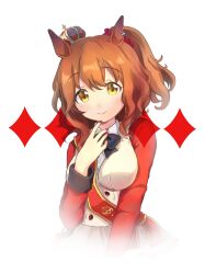 Rule 34 | 1girl, absurdres, animal ears, aston machan (umamusume), bow, bowtie, breasts, brown hair, closed mouth, collared shirt, cropped torso, crown, hair ornament, hair scrunchie, hand up, highres, horse ears, horse girl, long sleeves, looking at viewer, medium breasts, medium hair, mini crown, moko39 takasora, one side up, sash, scrunchie, shirt, shoulder sash, smile, solo, umamusume, upper body, vest, white vest, yellow eyes