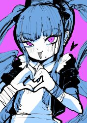 1girl amemiya_darumi apron black_hair blue_hair female_focus heart heart_hands highres lip_piercing long_hair looking_at_viewer maid maid_apron maid_headdress multicolored_hair piercing pink_background pink_eyes solo solo_focus the_hundred_line_-last_defense_academy- tongue tongue_out twintails