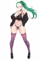 1girl absurdres armpit_crease bikini black_bikini black_jacket black_scrunchie black_shoes breasts cameltoe character_request covered_erect_nipples female_pubic_hair full_body green_hair hair_ornament hair_scrunchie highres huge_breasts jacket mousekkk navel off_shoulder ponytail pubic_hair puckered_lips purple_eyes purple_thighhighs scrunchie shoes skindentation solo standing swimsuit thighhighs white_background xiuxian:_mu_zhu_chuan