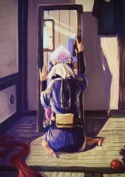 1girl akari_(pokemon) barefoot beanie black_hair commentary curtains dawn_(pokemon) dual_persona hat headscarf hidden_face highres japanese_clothes katahara_(no_108105) mirror nintendo poke_ball pokemon pokemon_dppt pokemon_legends:_arceus ponytail scarf shadow sitting solo tatami unworn_scarf wariza white_headscarf window