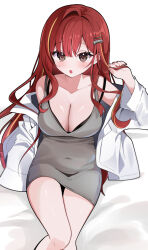 1girl :o akane_lize bare_shoulders black_bra blonde_hair blush bra breasts brown_eyes chaum cleavage commentary covered_navel dress feet_out_of_frame grey_dress hair_intakes highres holding holding_own_hair jacket large_breasts long_hair looking_at_viewer mole mole_under_eye multicolored_hair off_shoulder on_bed open_clothes open_jacket red_hair short_dress simple_background sitting sleeveless sleeveless_dress solo stellive strap_slip streaked_hair tight_clothes tight_dress underwear virtual_youtuber white_background