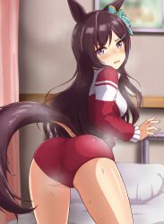 1girl animal_ears ass bed black_hair blush breasts buruma commission from_behind hair_ornament hairclip highres horse_ears horse_girl horse_tail jacket kneeling long_hair long_sleeves looking_at_viewer looking_back medium_breasts mejiro_dober_(umamusume) on_bed open_mouth pillow purple_eyes red_buruma shiodanx skeb_commission smile solo sweat sweatdrop tail tracen_training_uniform track_jacket umamusume visible_air