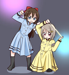 Rule 34 | &gt;:), 2girls, :&gt;, arm up, asymmetrical hair, black boots, blue dress, blue eyes, bob cut, boots, bousouzoku, bow, breast pocket, brown hair, closed mouth, coat dress, crescent, crescent hair ornament, delinquent, dress, full body, glowstick, grey background, hair between eyes, hair bow, hair ornament, hairclip, half updo, hand on another&#039;s arm, highres, holding, holding behind back, holding glowstick, knee boots, long hair, long sleeves, love live!, love live! nijigasaki high school idol club, medium dress, miyamaki, multiple girls, nakasu kasumi, official alternate costume, on one knee, open mouth, osaka shizuku, penlight (glowstick), pink eyes, pocket, raised eyebrow, red bow, ryouran! victory road (love live!), short hair, smile, standing, v-shaped eyebrows, yellow dress