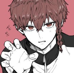 1boy blue_lock braid fingernails hair_between_eyes jacket kurona_ranze long_sleeves looking_at_viewer male_focus naka_(58hrprtr) pink_background red_background red_eyes red_hair sharp_teeth short_hair side_braid simple_background single_braid solo spot_color teeth track_jacket