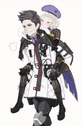 1boy 1girl absurdres blonde_hair boots brown_eyes brown_hair carrying claude_wallace fur-trimmed_jacket fur_trim gloves hat headphones headphones_around_neck highres jacket knee_guards miaru military military_hat military_uniform nicola_gref piggyback puff_of_air purple_eyes sega senjou_no_valkyria_(series) senjou_no_valkyria_4 spikes white_background