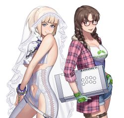 2girls alternate_hairstyle arcade_stick back-to-back belt blonde_hair blue_eyes blunt_bangs braid breast_curtains breasts bridal_veil brown_eyes brown_hair cleavage clothing_cutout commentary commission controller cuffs denim denim_shorts dress emilie_de_rochefort english_commentary fingerless_gloves fingernails game_controller glasses gloves green_gloves hanny_(uirusu_chan) highleg highleg_panties highres hood hood_down joystick julia_chang looking_at_viewer loose_belt medium_breasts medium_hair multiple_girls namco navel navel_cutout official_alternate_costume panties plaid_clothes plaid_shirt ponytail pouch red-framed_eyewear revealing_clothes revision shackles shirt short_ponytail shorts sleeves_rolled_up smile teeth tekken tekken_7 thigh_pouch twin_braids underboob underwear upper_teeth_only veil wedding_dress white_background